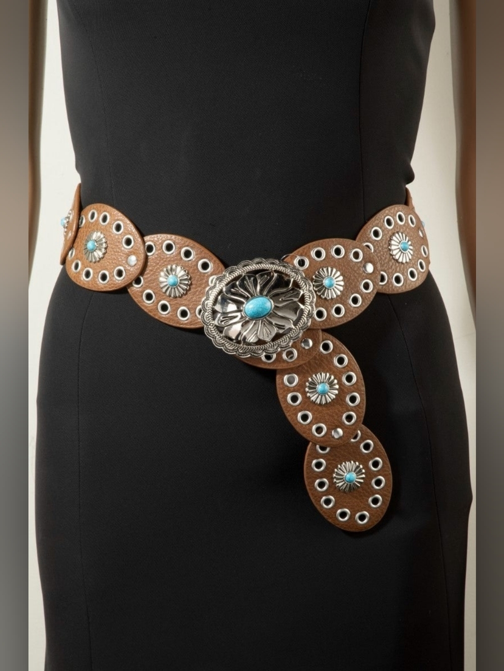 Western Turquoise Concho Disc Leather Belt - Picture 6 of 7
